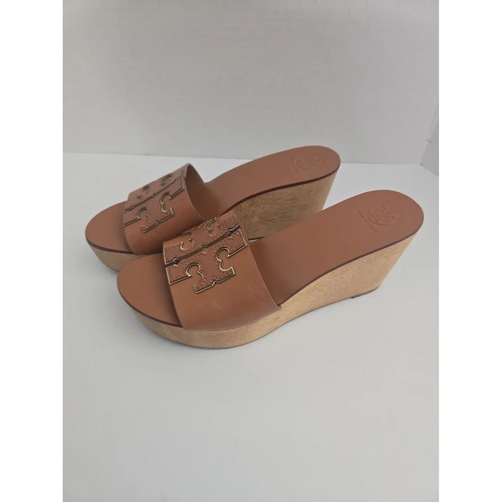 Tory Burch ines brown leather Wedge platform Slide Sandals Women’s Size 6-1/2M